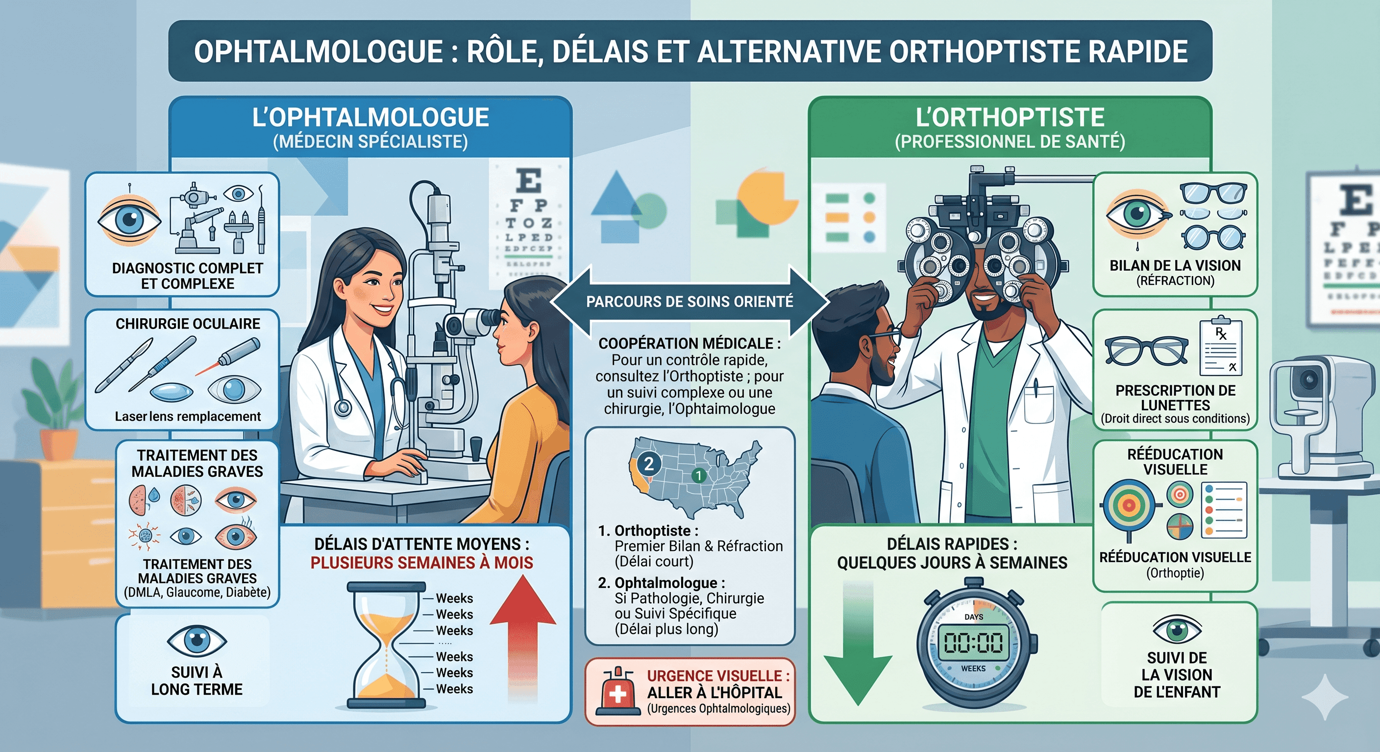 Ophtalmologue : rôle, délais et alternative orthoptiste rapide