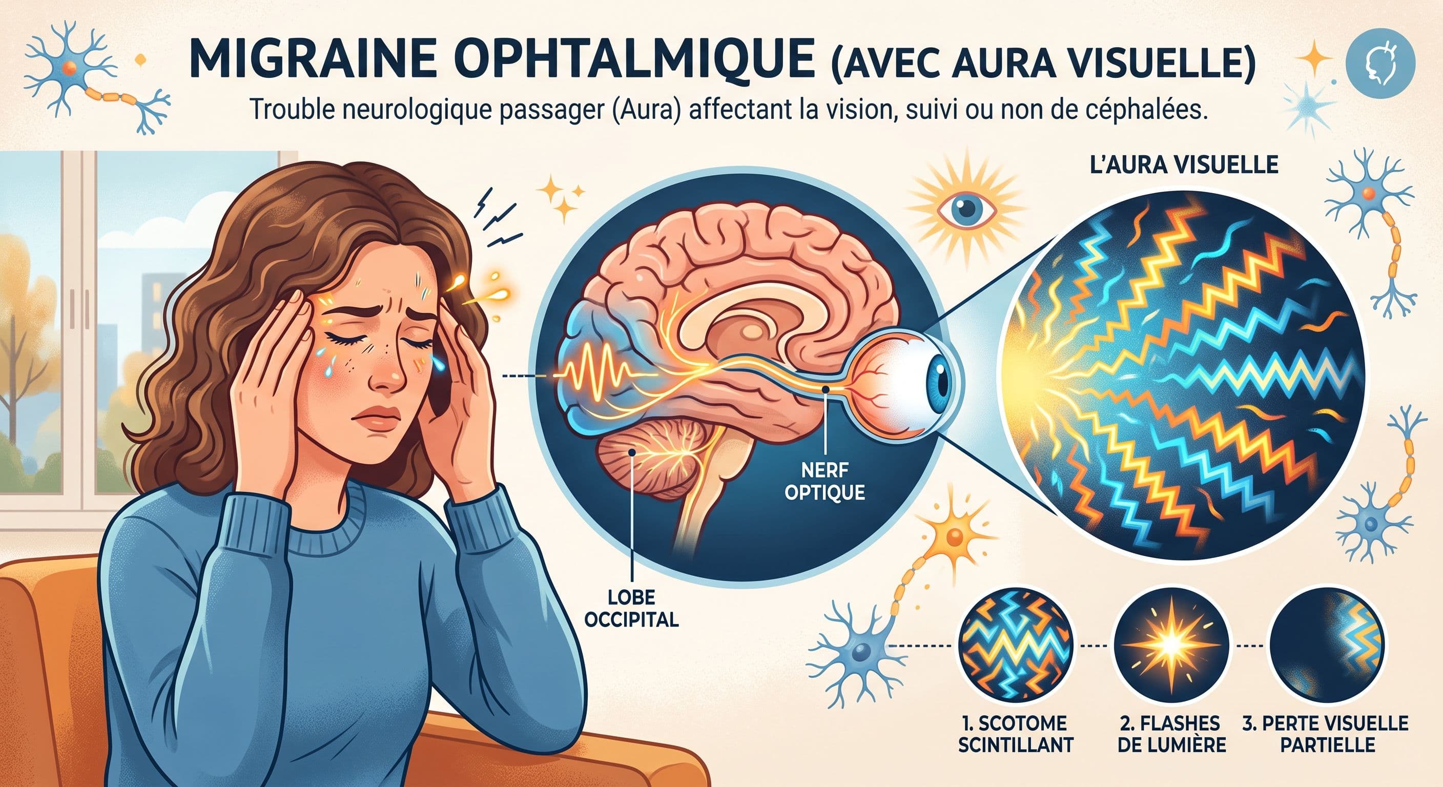 Migraine ophtalmique : symptômes, causes, durée et que faire
