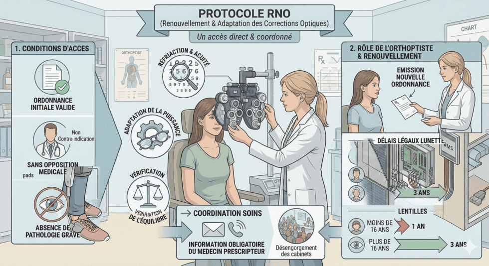Protocole RNO : conditions, rôle de l'orthoptiste et renouvellement d'ordonnance expliqués