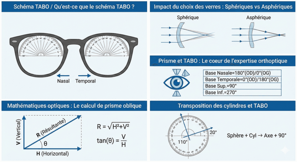 Schéma TABO : référentiel de l'axe et du prisme pour l'orthoptiste